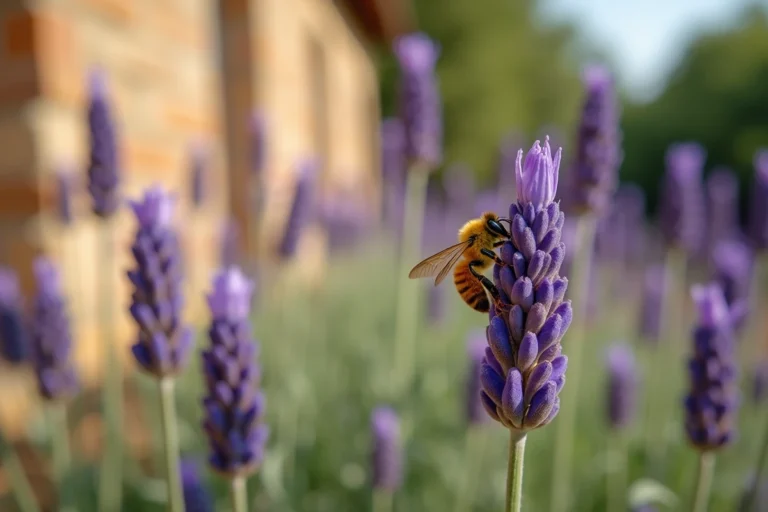 Abeille butinant une fleur de lavande en plein champ de lavande provençal, gros plan macro ultra-réaliste