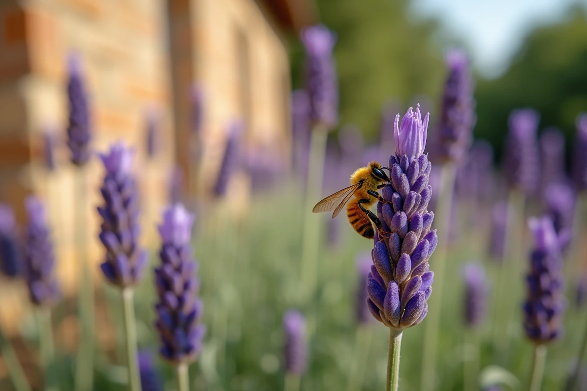 Abeille butinant une fleur de lavande en plein champ de lavande provençal, gros plan macro ultra-réaliste