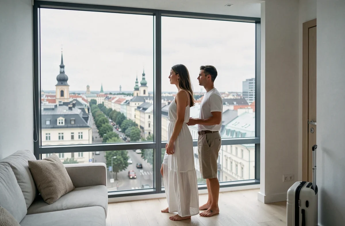 Couple regardant le panorama urbain depuis la fenêtre d'un appartement de location moderne en centre-ville