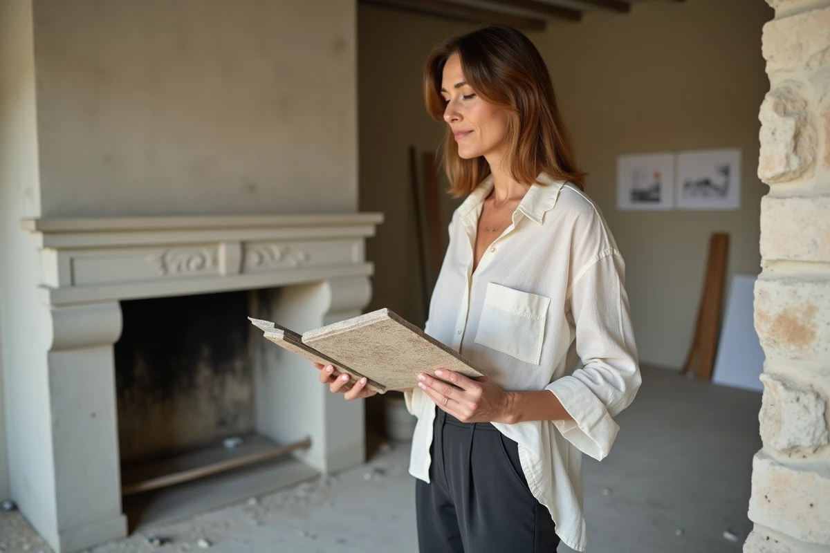 Architecte d'intérieur féminine consultant des échantillons de matériaux devant un cantou en cours de rénovation