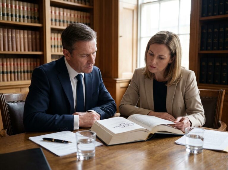 Avocat spécialisé en droit des successions consultant un document officiel avec une cliente dans un bureau juridique formel