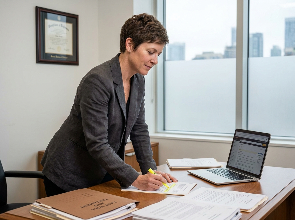 Avocate en droit successoral examinant des documents d'héritage sur son bureau dans un cabinet juridique moderne