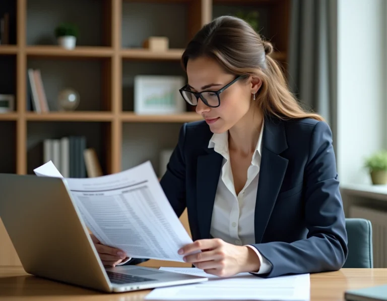 Femme professionnelle analysant des documents d'évaluation immobilière et un tableau Excel pour calculer son patrimoine net