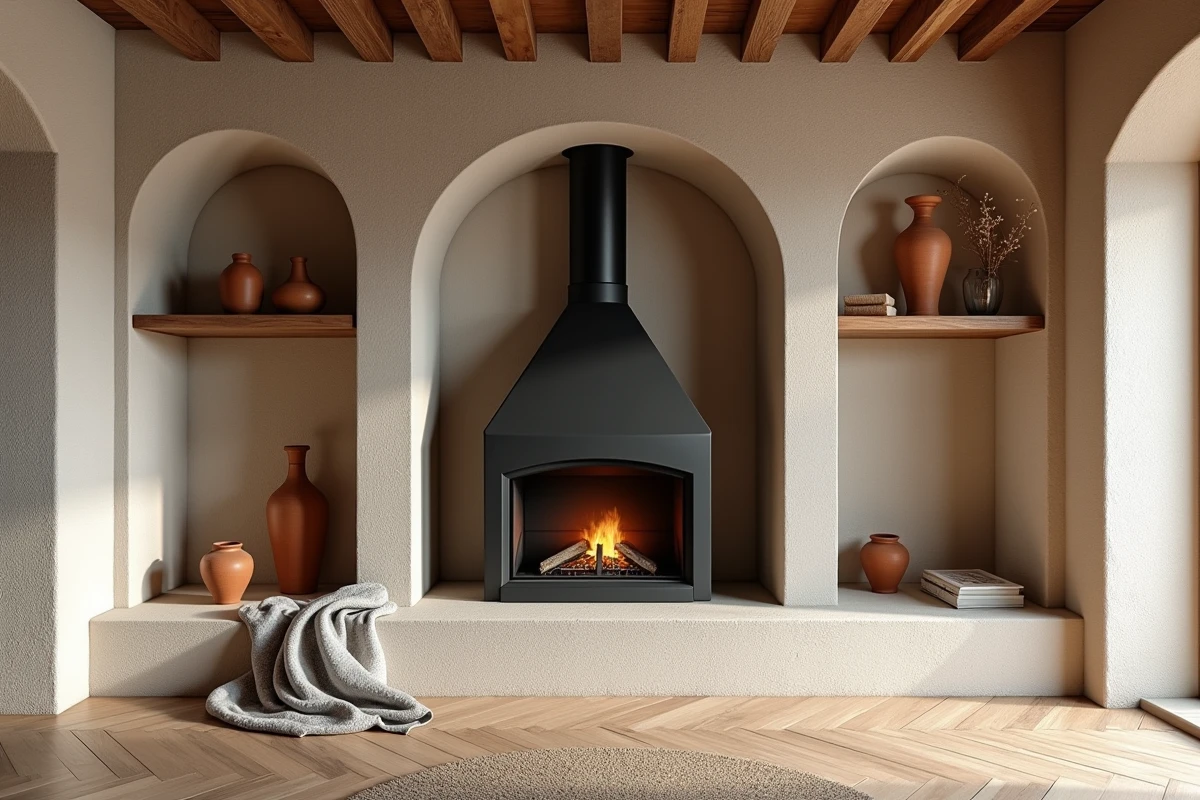Cantou traditionnel rénové avec insert en acier noir mat et étagères en chêne dans un salon en pierre