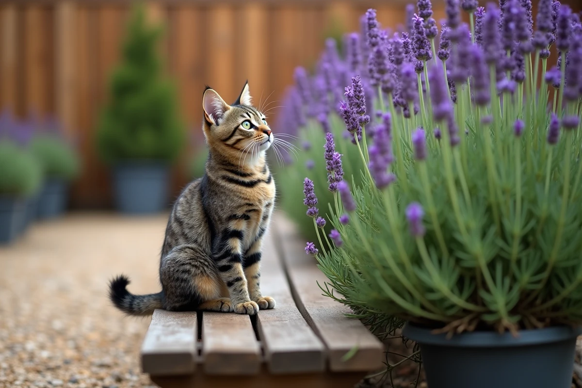 Chat assis sur un banc de jardin à côté d'un buisson de lavande, semblant repoussé par l'odeur, photo réaliste