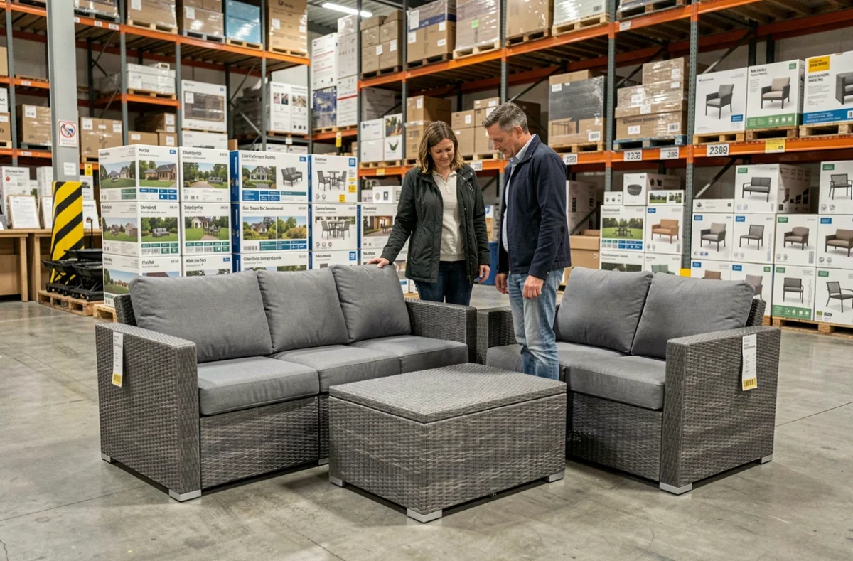 Couple choisissant un salon de jardin modulable en résine tressée dans un magasin Brico Dépôt