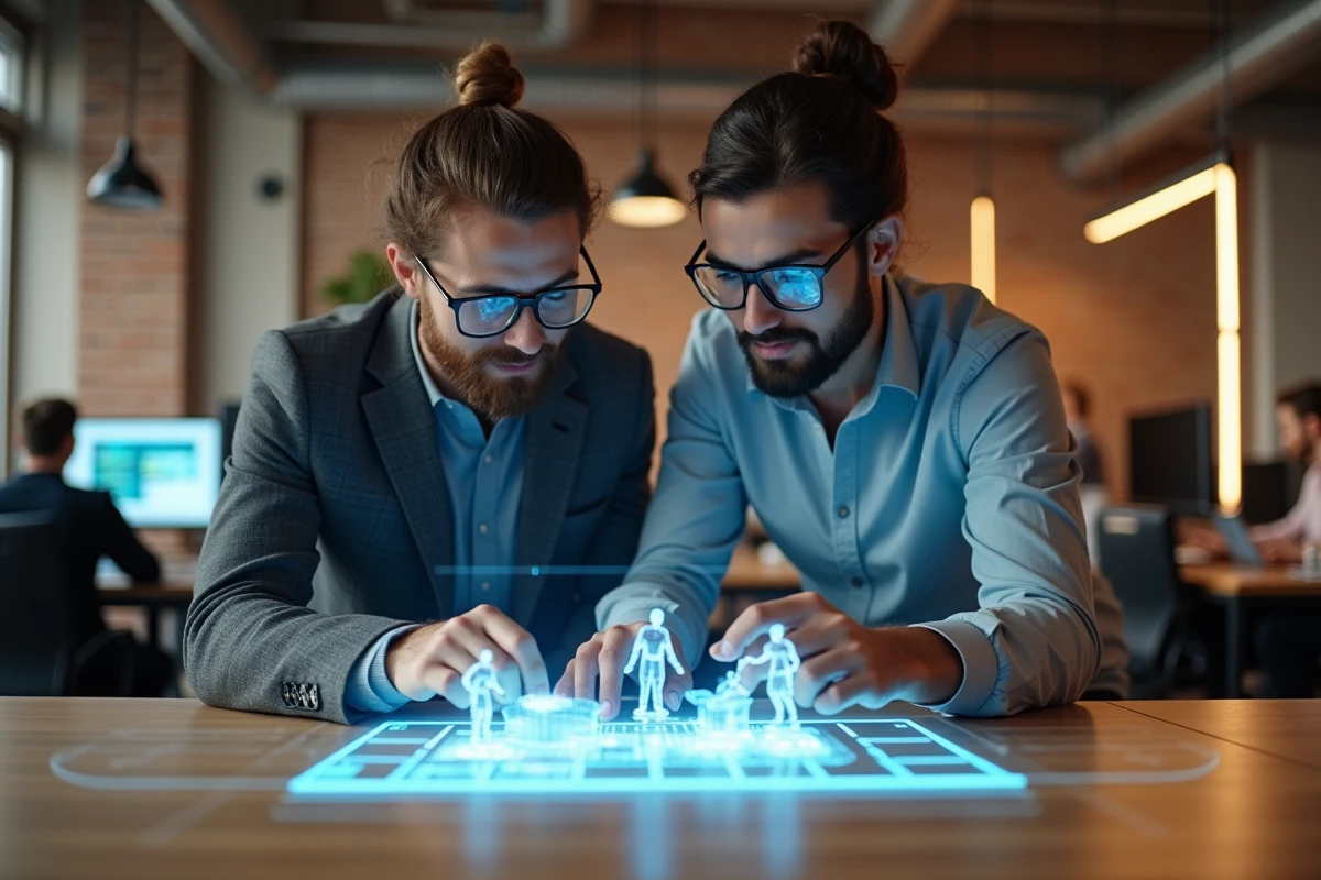 Deux professionnels collaborant autour d'un dispositif de réalité augmentée dans un bureau technologique contemporain