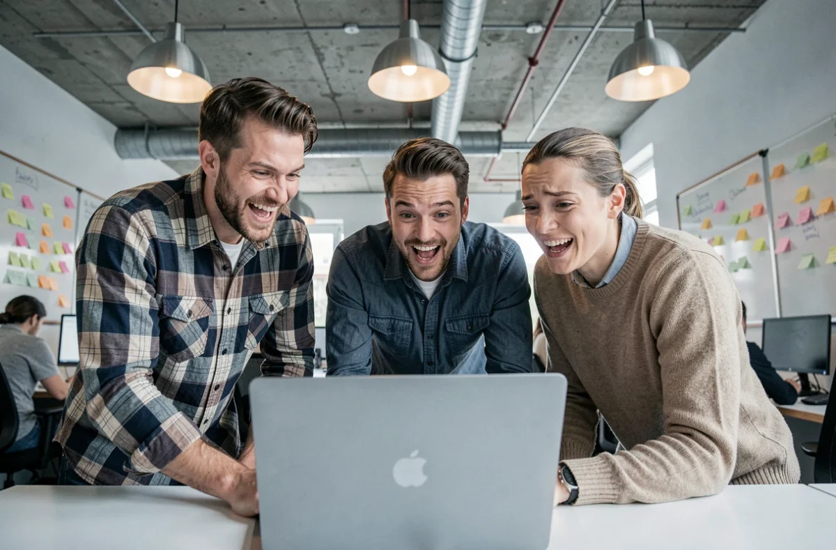 Groupe de collègues réagissant avec surprise à des tendances virales sur un ordinateur portable dans un espace de coworking