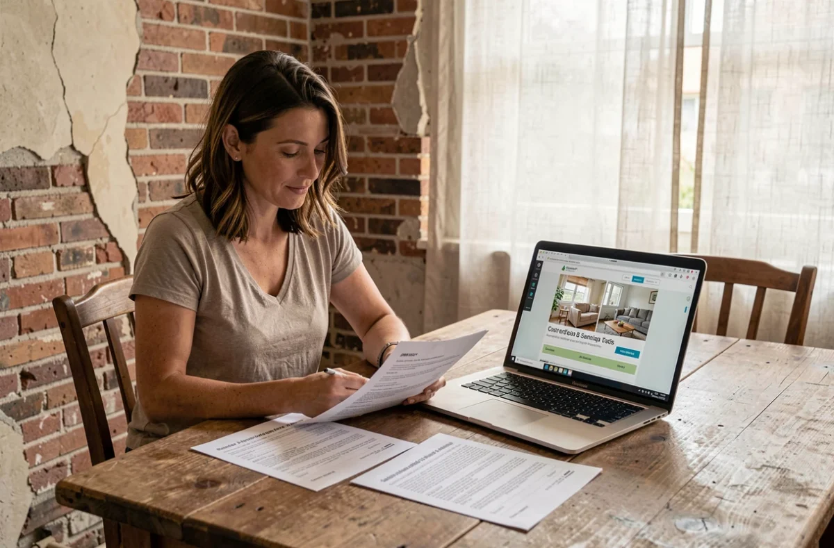 Femme comparant plusieurs devis gratuits de rénovation sur table avec ordinateur portable