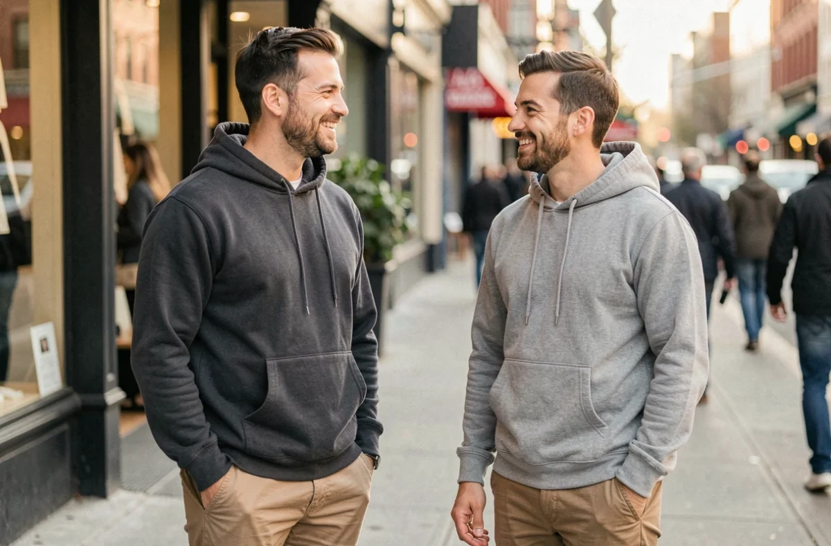 Comparaison de taille entre deux hommes dans la rue, mettant en évidence les différences de stature masculine