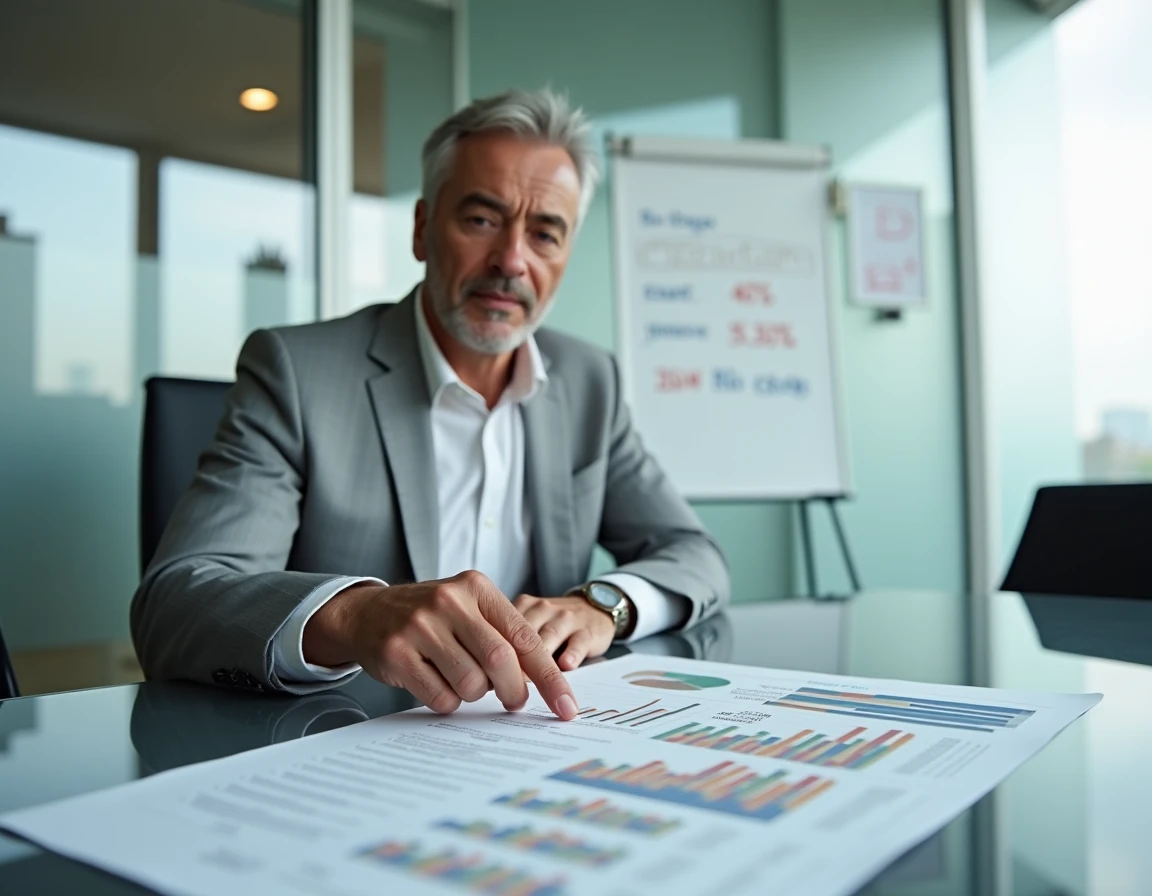 Conseiller financier expliquant un tableau de calcul du patrimoine immobilier net à un client en agence