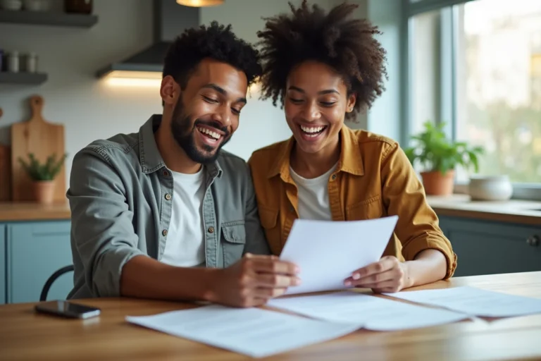 Couple souriant examinant documents immobiliers dans une cuisine moderne