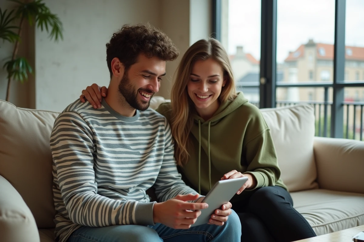 Jeune couple français consultant leur compte bancaire en ligne ensemble sur une tablette dans leur appartement moderne