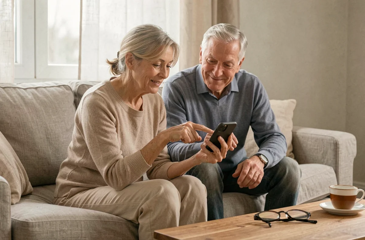 Couple de seniors partageant un smartphone ensemble dans un salon cosy et moderne
