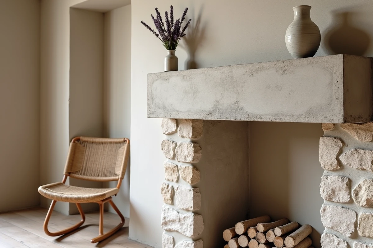 Détail du manteau de cantou en pierre calcaire et béton brossé avec décoration céramique artisanale
