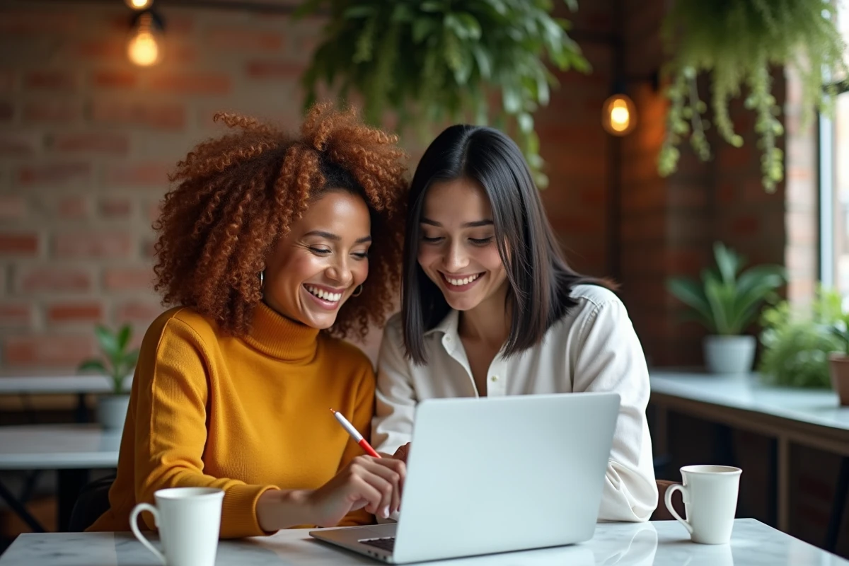 Two women exploring a sitemap together on a laptop in a café, simplifying online navigation