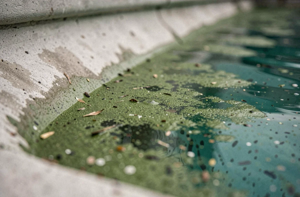 Gros plan sur une eau de piscine verte et trouble causée par l'arrêt prolongé de la pompe de filtration