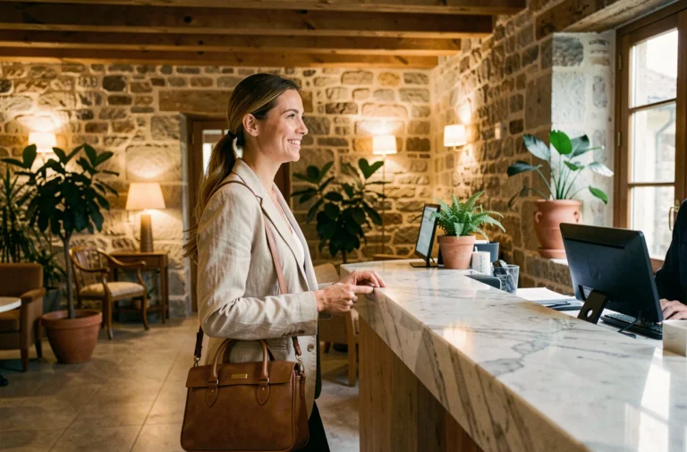 Femme souriante en train de s'enregistrer à la réception d'un hôtel boutique au décor rustique et moderne