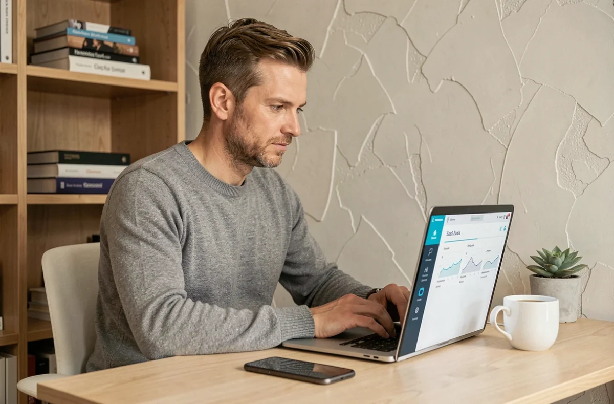 Entrepreneur concentré utilisant un logiciel de gestion business innovant sur son laptop dans un bureau à domicile