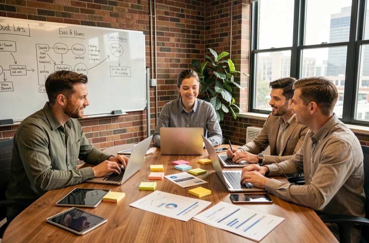 Équipe de professionnels collaborant autour d'outils business numériques lors d'une réunion de stratégie en startup
