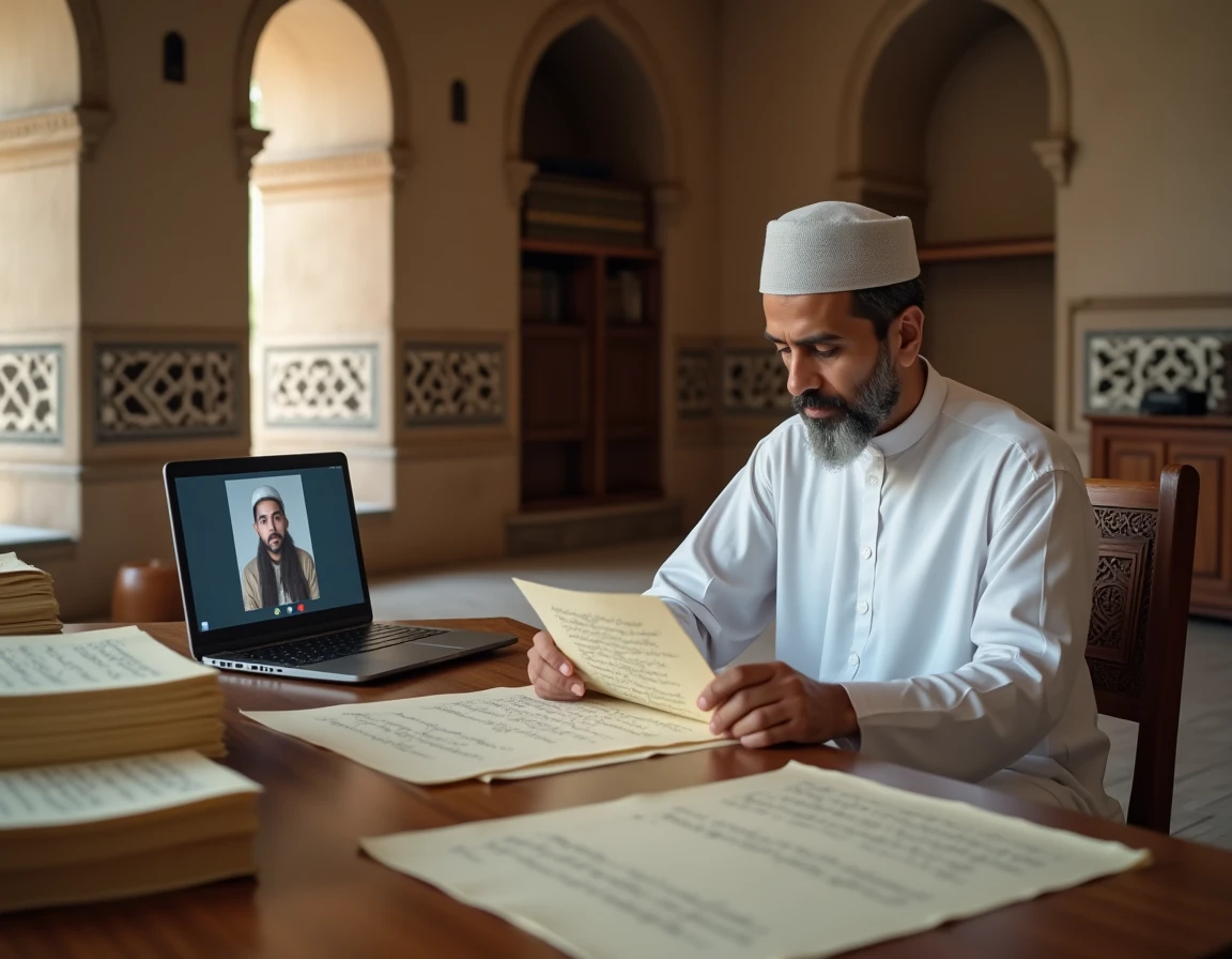 Érudit islamique examinant des documents de nikah dans une salle d'étude de mosquée lors d'un mariage à distance