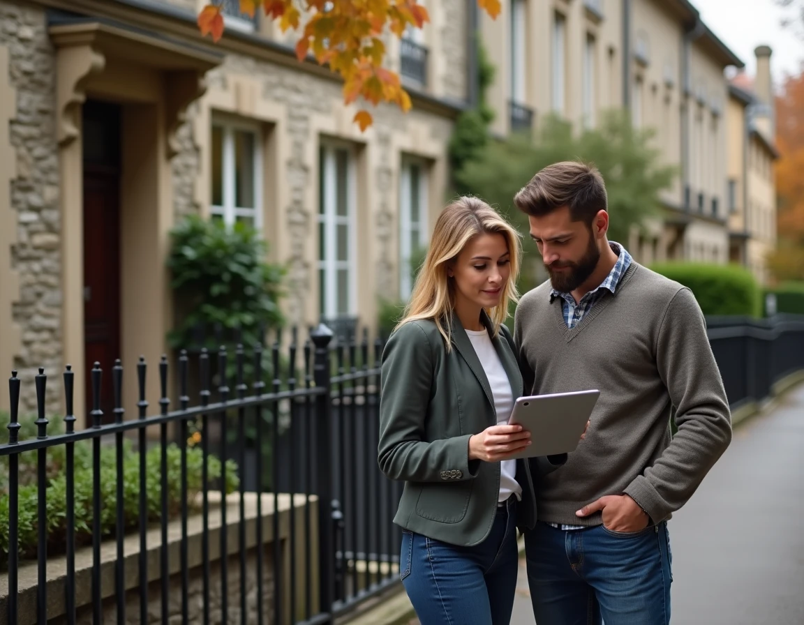 Couple consultant une application d'estimation immobilière devant leur maison pour évaluer la valeur de leur patrimoine