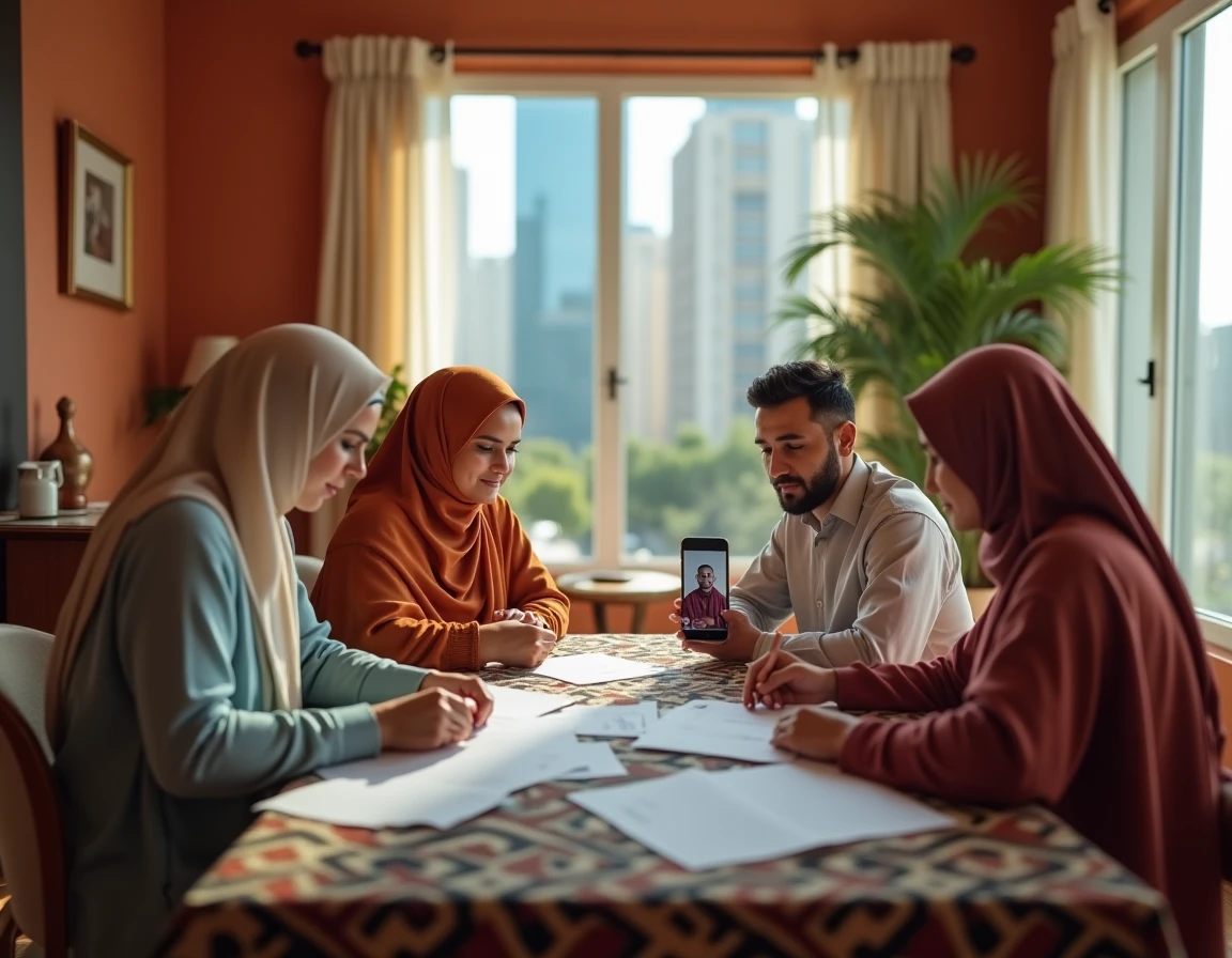 Famille musulmane réunie autour d'une table pour discuter des règles du mariage islamique à distance via appel vidéo