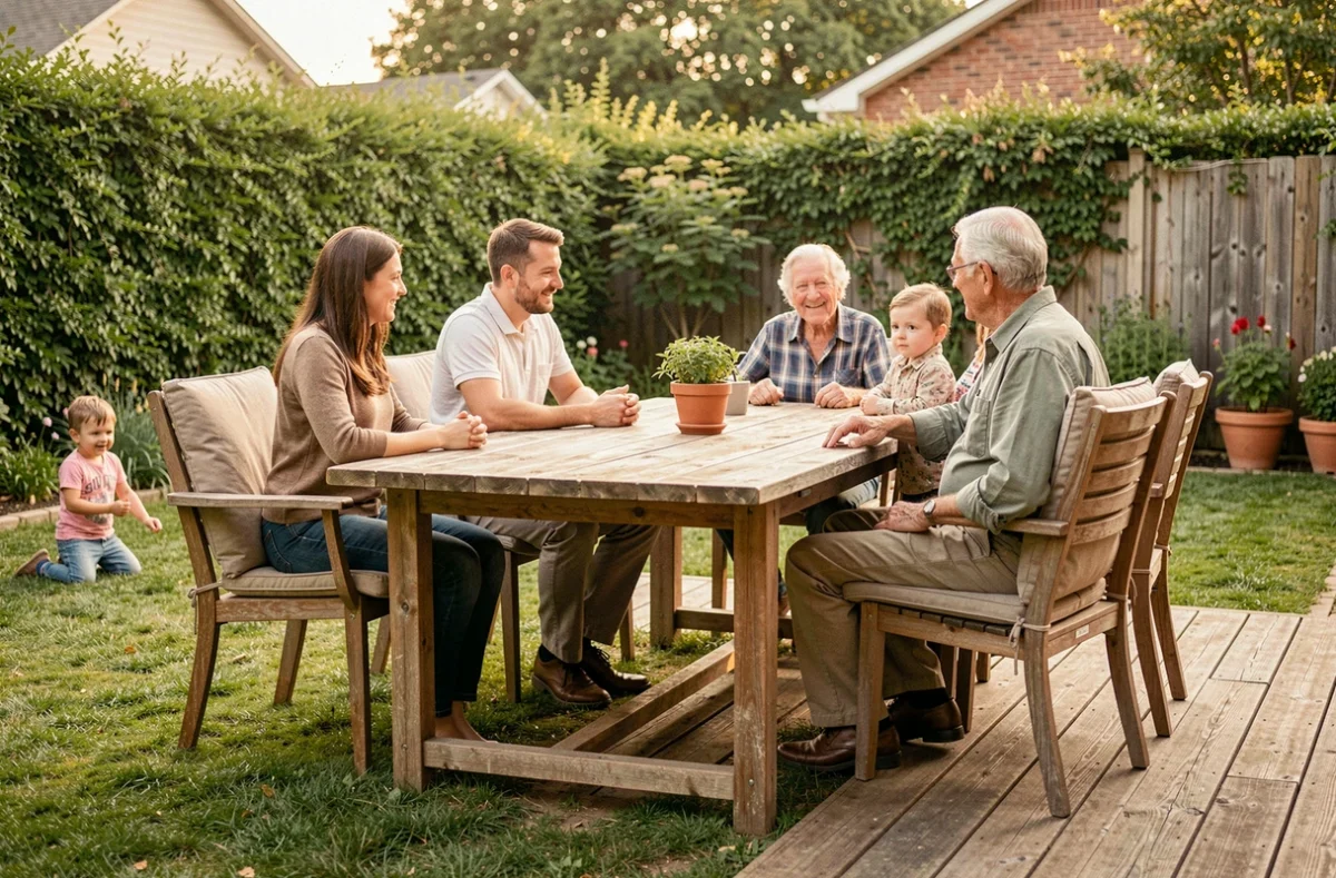 Famille nombreuse réunie autour d'un grand mobilier de jardin en bois dans un jardin spacieux