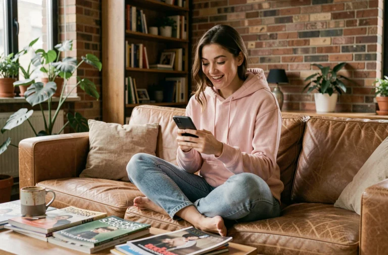 Jeune femme découvrant des actualités insolites sur son smartphone dans un appartement moderne et chaleureux