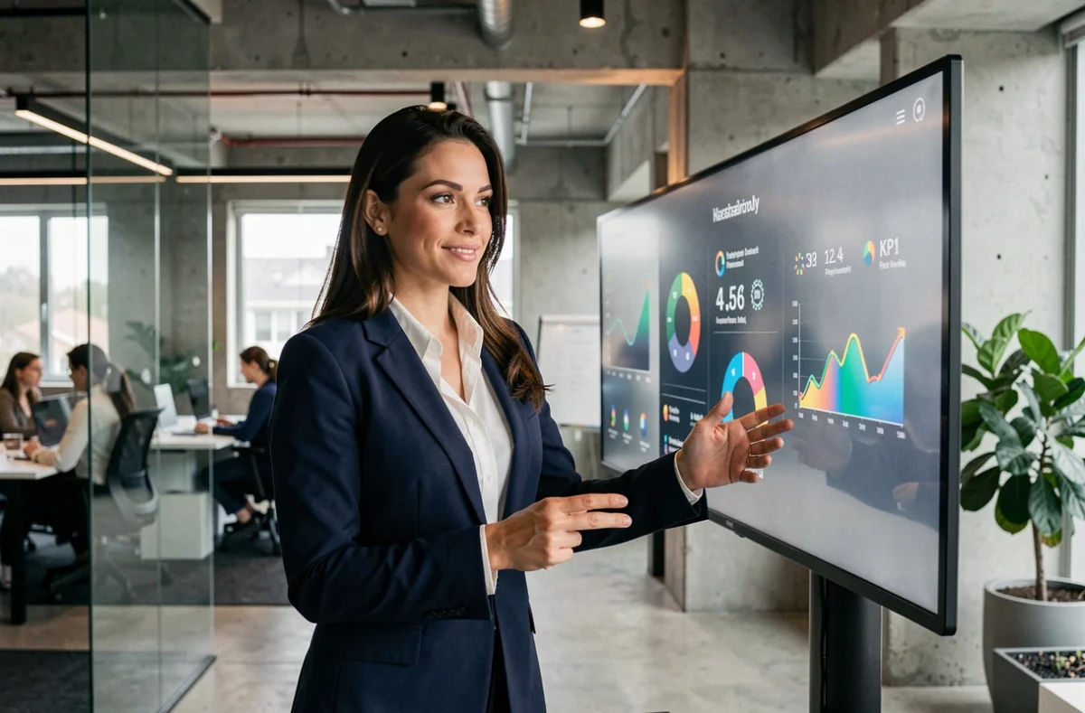 Femme d'affaires présentant des outils d'analyse business sur un écran interactif dans un bureau moderne