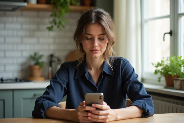 Femme française utilisant une application bancaire en ligne sur son smartphone dans sa cuisine parisienne