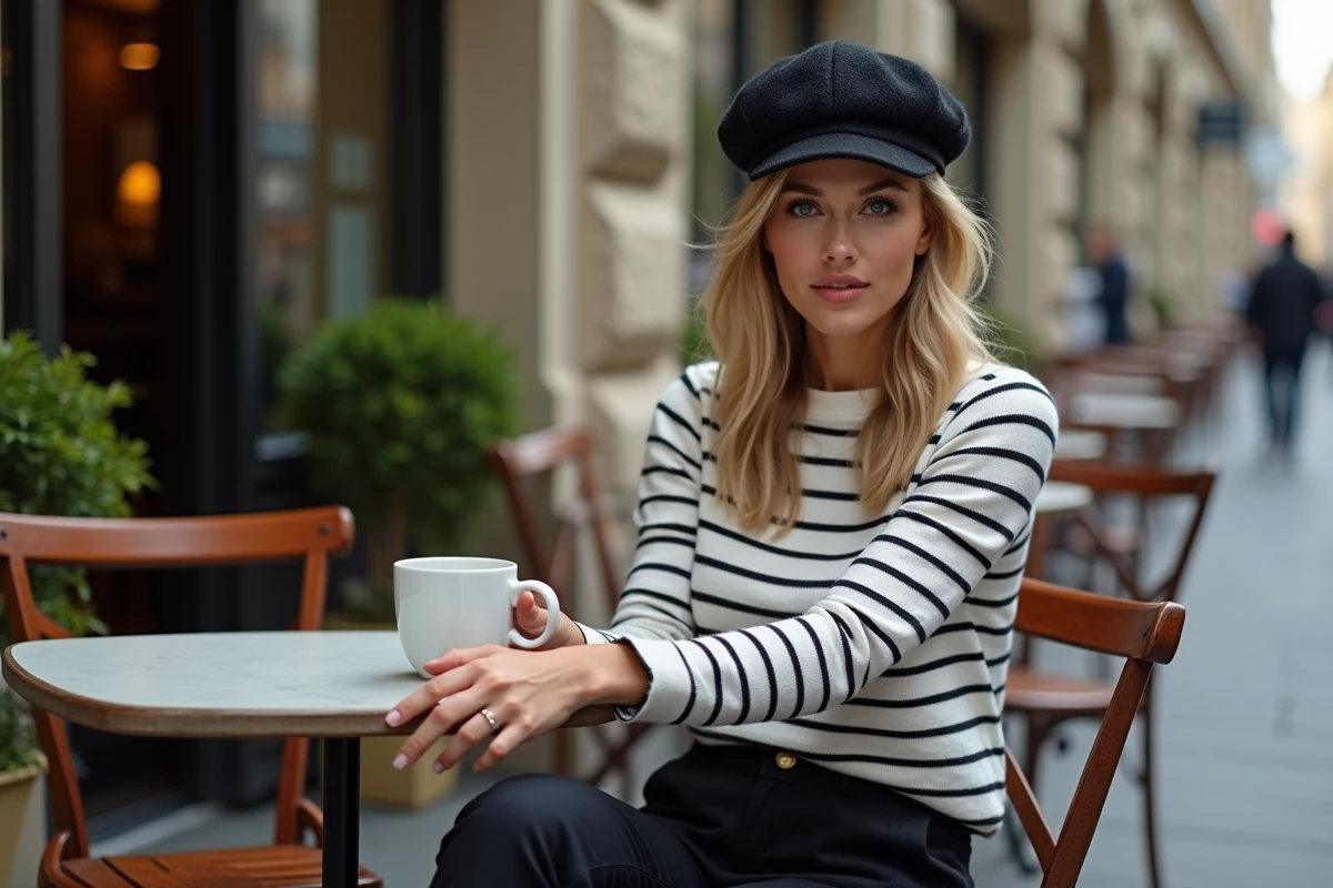 Jeune femme portant un béret noir dans un café parisien, style mode urbain chic
