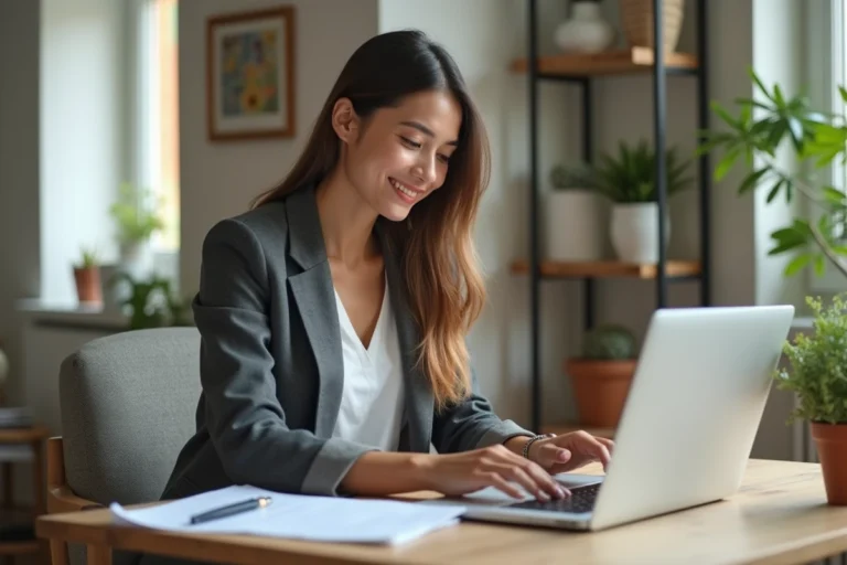 Femme au bureau à domicile souriante et concentrée