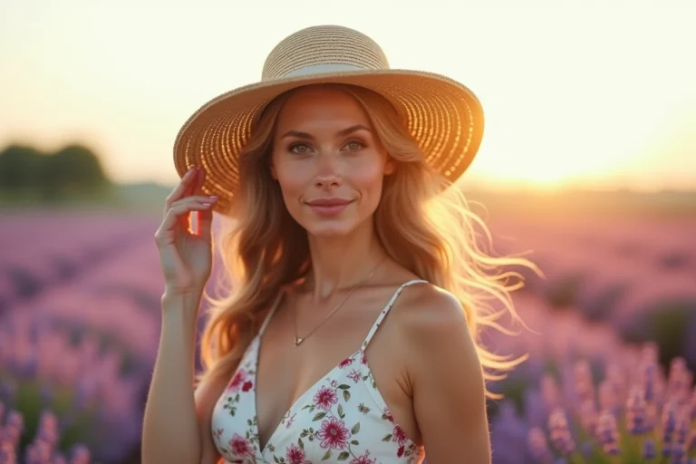 Femme portant un chapeau de paille à large bord dans un champ de lavande, style estival élégant