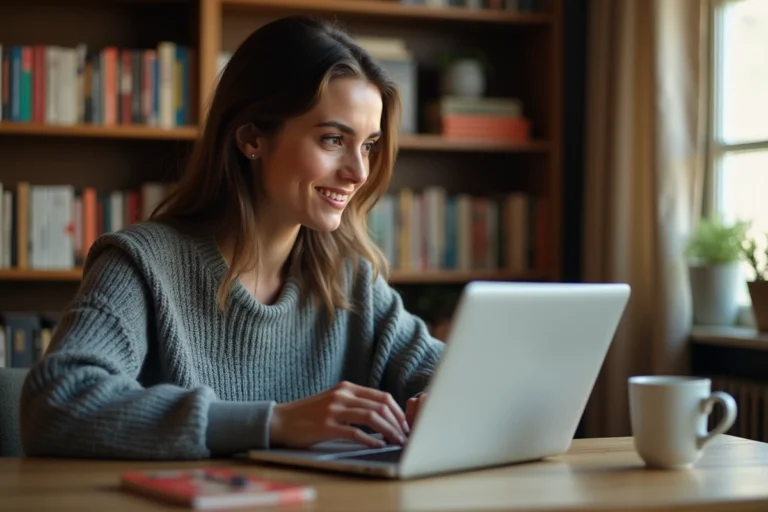 Femme consultant les prix des annonces Leboncoin sur un ordinateur portable dans un bureau à domicile