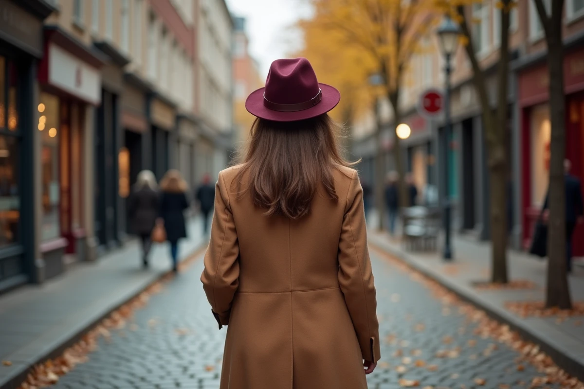 Femme élégante portant un fedora bordeaux en feutre dans une rue pavée en automne