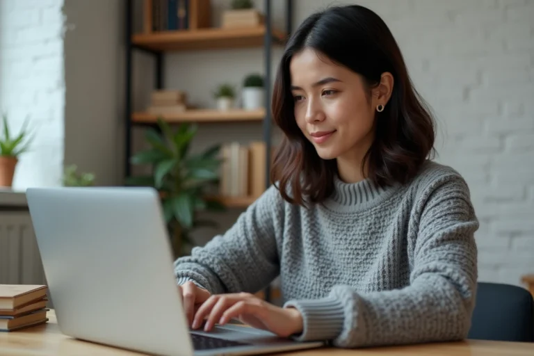 Femme naviguant sur un site web depuis son bureau à domicile, illustrant la navigation facile sur un plan de site
