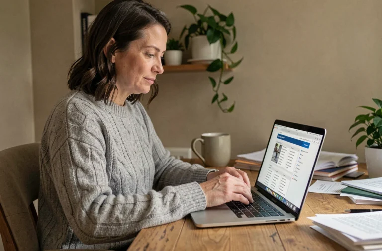 Femme consultant un plan de site sur son ordinateur portable dans un bureau à domicile cosy