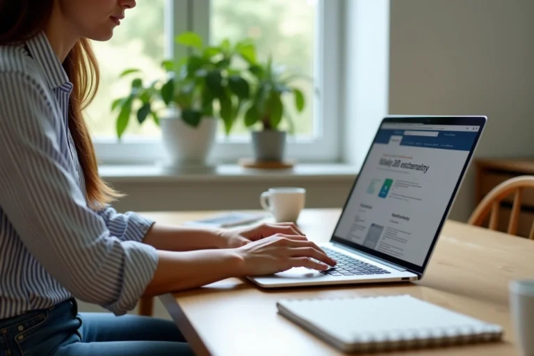 Femme utilisant un ordinateur pour naviguer sur un site gouvernemental