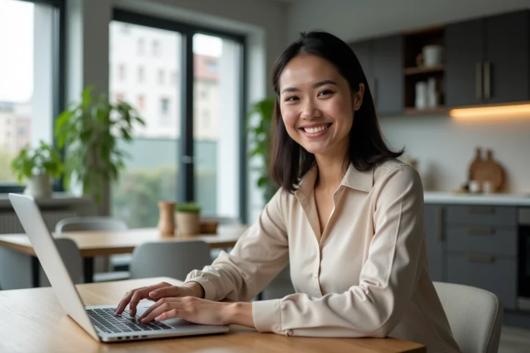 Femme souriante utilisant un ordinateur dans un appartement lumineux
