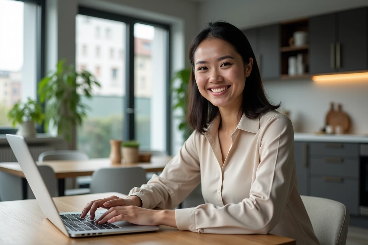 Femme souriante utilisant un ordinateur dans un appartement lumineux