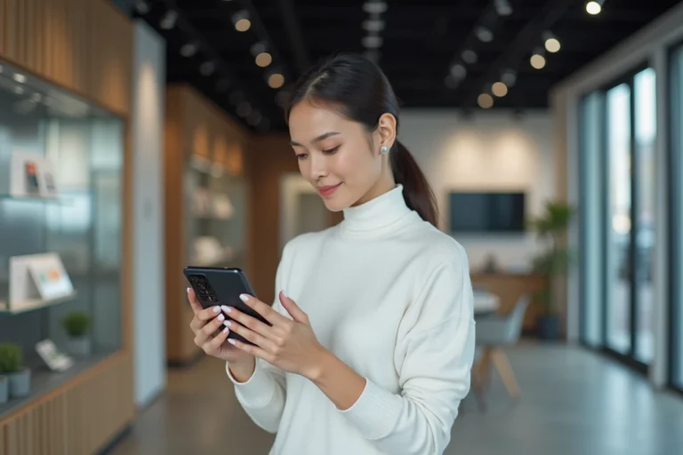 Femme découvrant un smartphone pliable dernière génération dans un showroom high-tech moderne