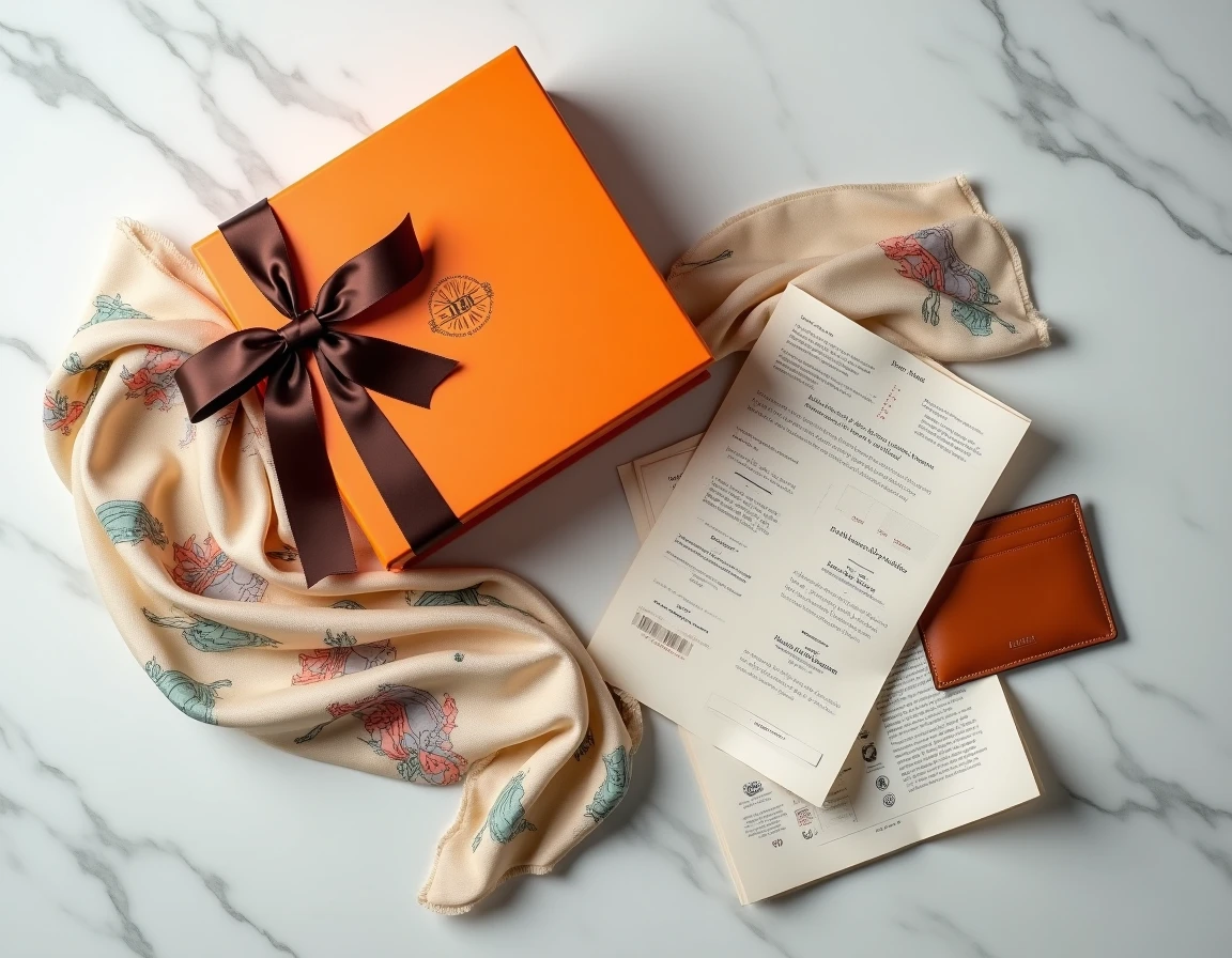 Flat lay d'accessoires Hermès avec écharpe en soie et boîte orange sur marbre blanc