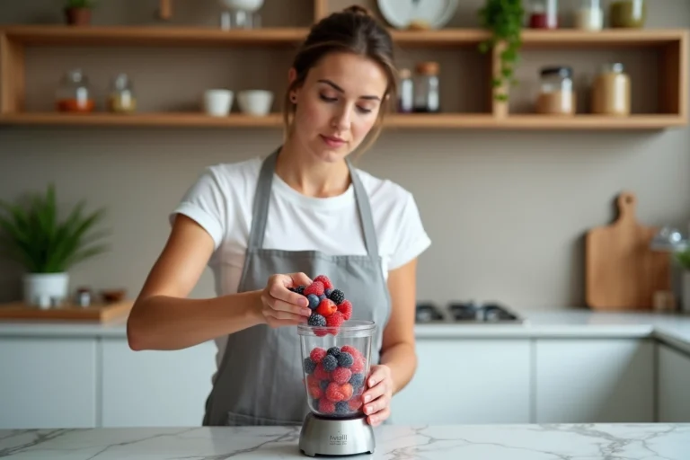 Femme versant des fruits surgelés dans un Nutribullet sur un comptoir en marbre blanc