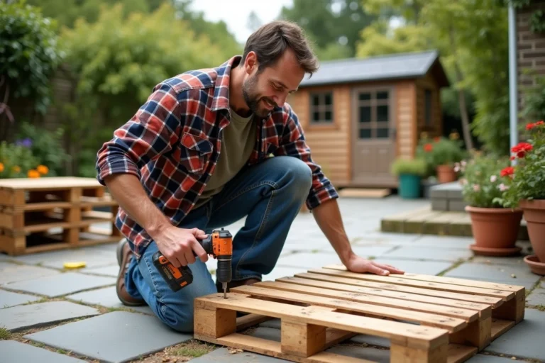 Homme moyenâge en jeans et chemise à carreaux fixant une palette en bois