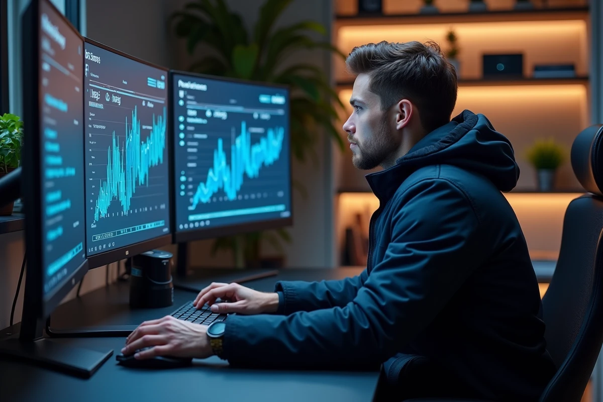 Homme travaillant sur un poste informatique ultrawide avec interface intelligence artificielle dans un bureau moderne