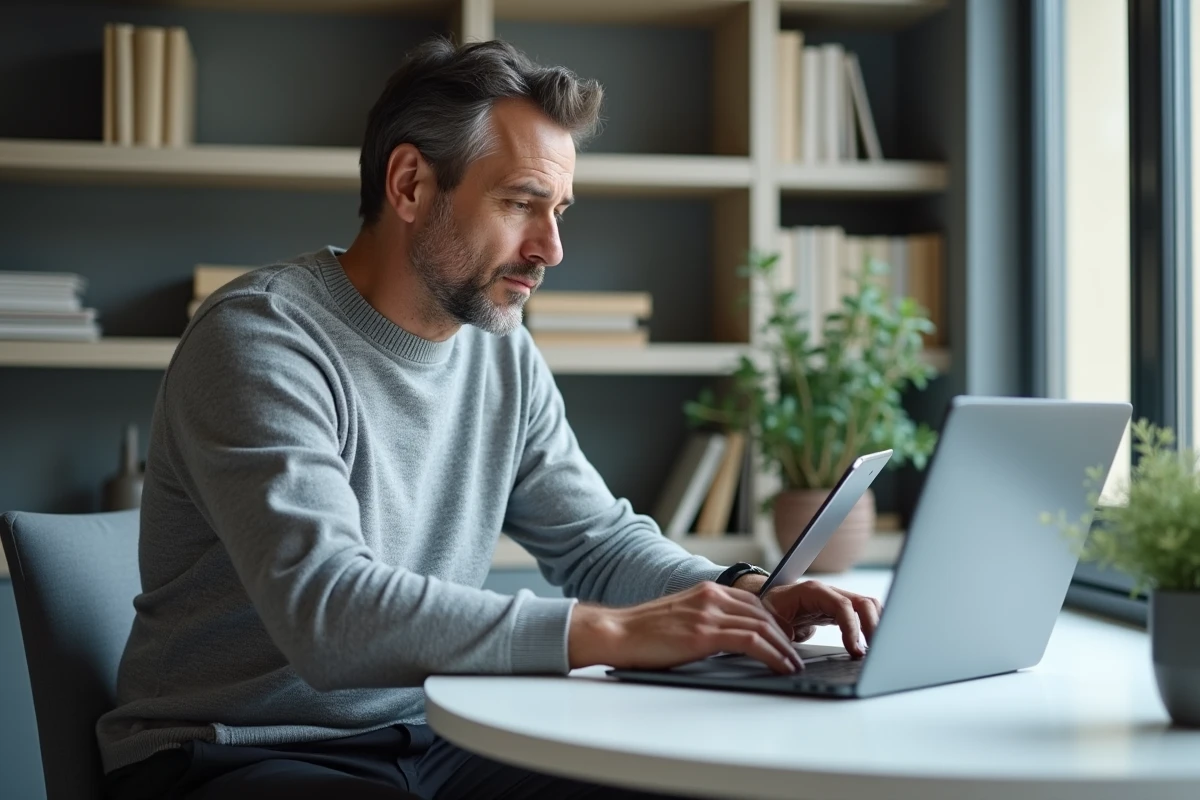 Homme comparant des services bancaires en ligne sur ordinateur portable et tablette dans un bureau à domicile moderne