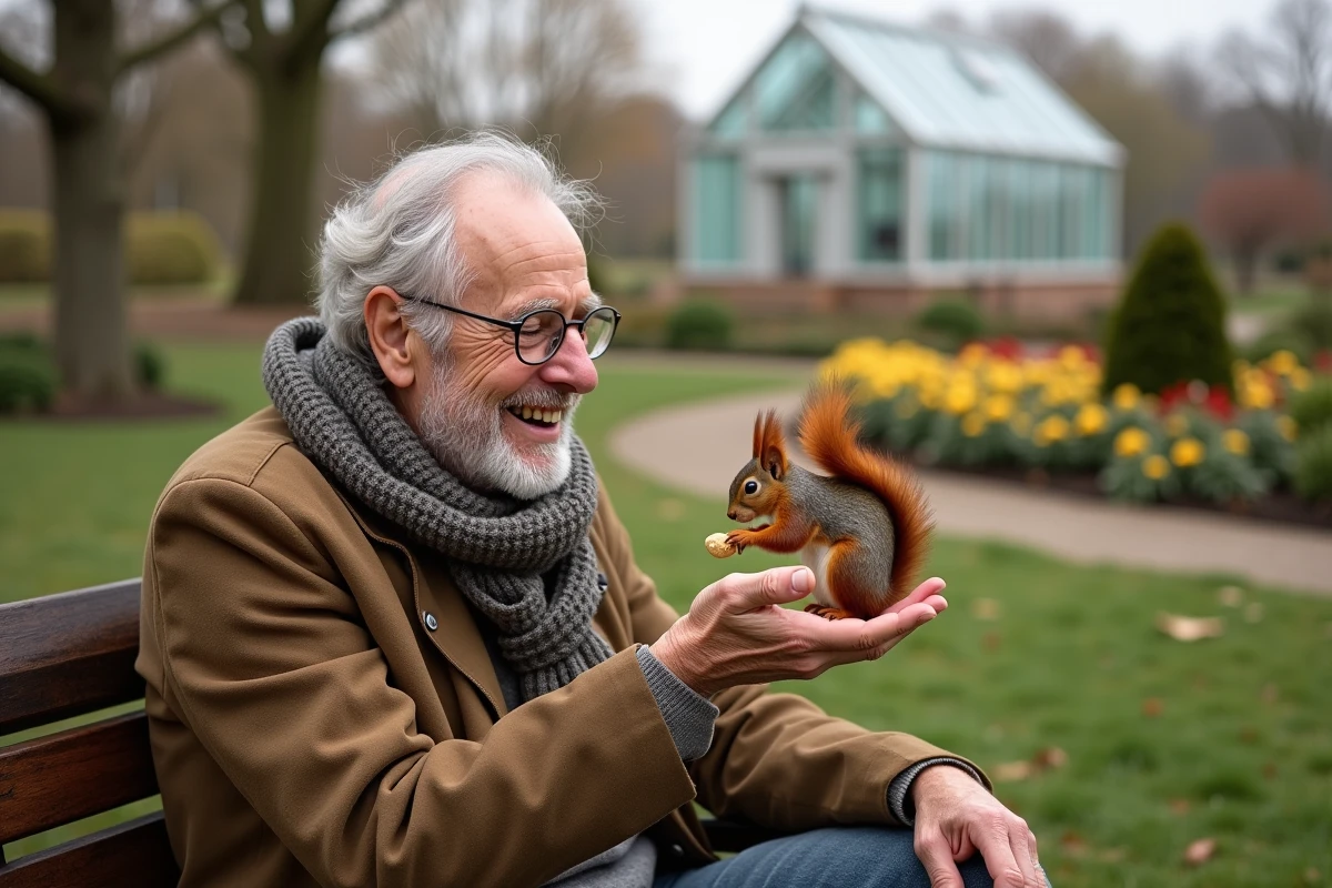 Homme âgé nourrissant un écureuil dans un jardin