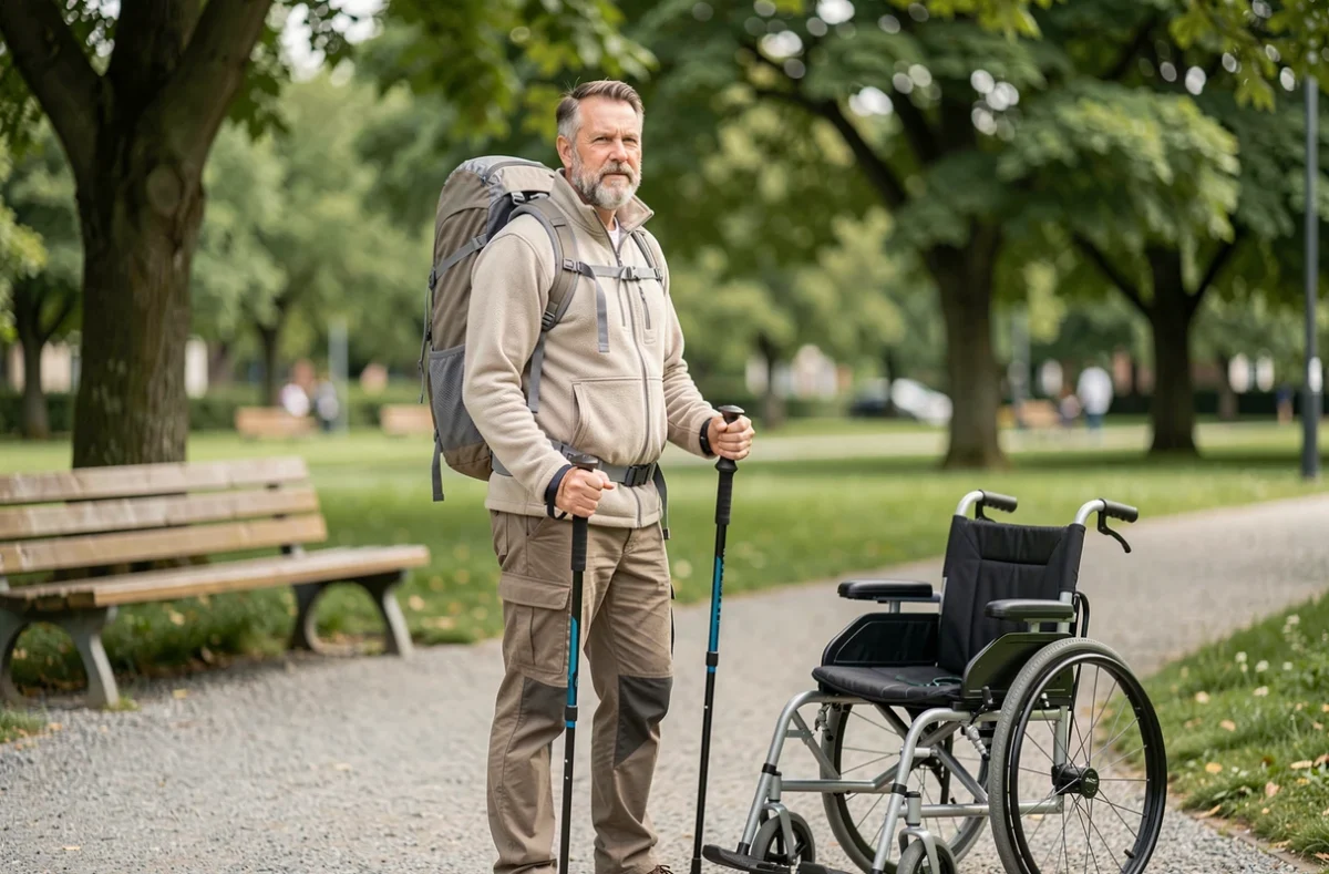 Homme équipé de matériel de randonnée et accessoires de mobilité dans un parc urbain verdoyant