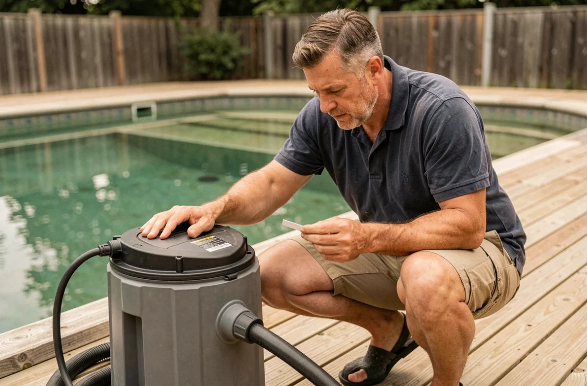 Homme inspectant une pompe de piscine hors service et testant la qualité de l'eau verte stagnante